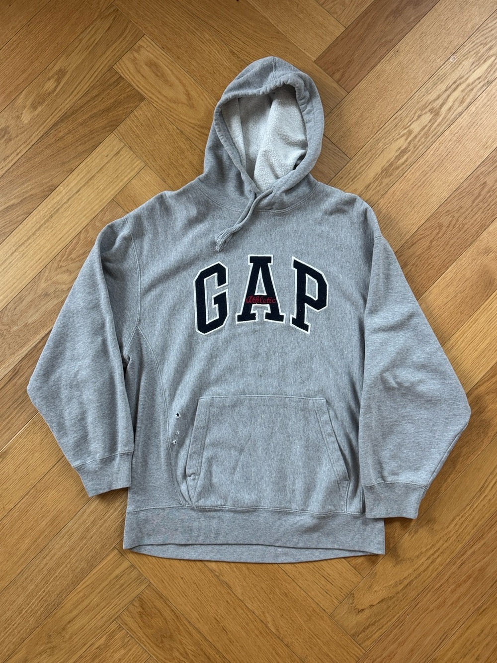 Vintage 90s GAP Gray Pullover Hoodie with Navy & Red Logo